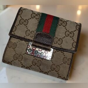 Gucci GG Canvas Web tri-fold wallet brown red green (Sherry line)